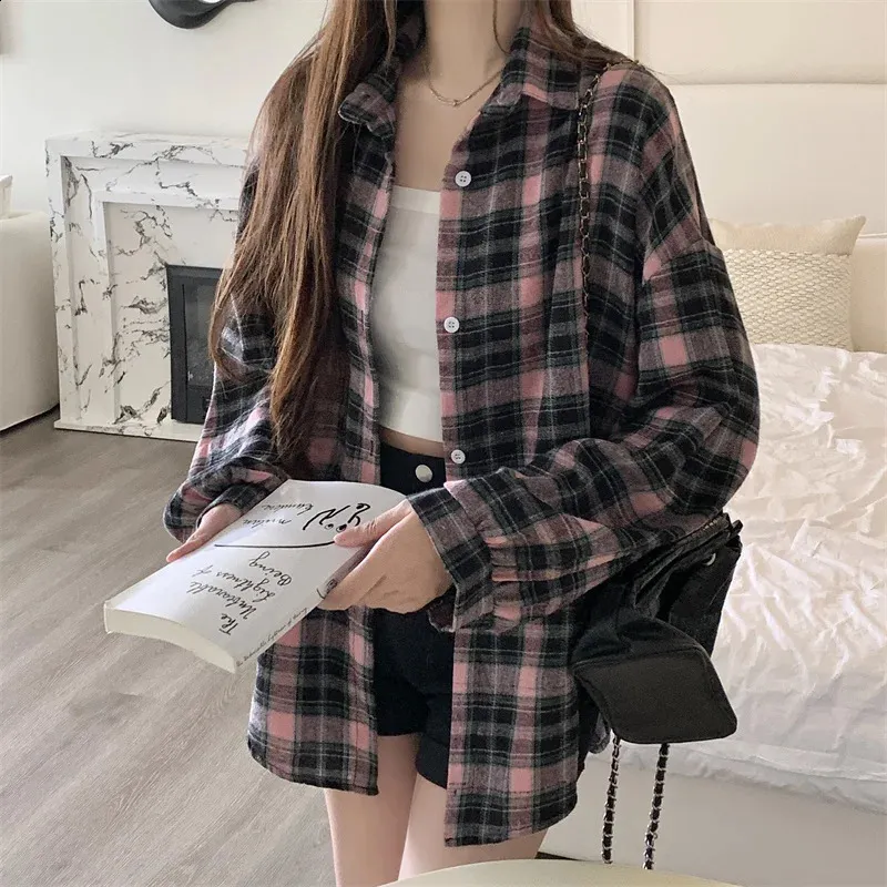 Women Tartan Shirt Long Sleeve Collared Button Up Oversized Plaid