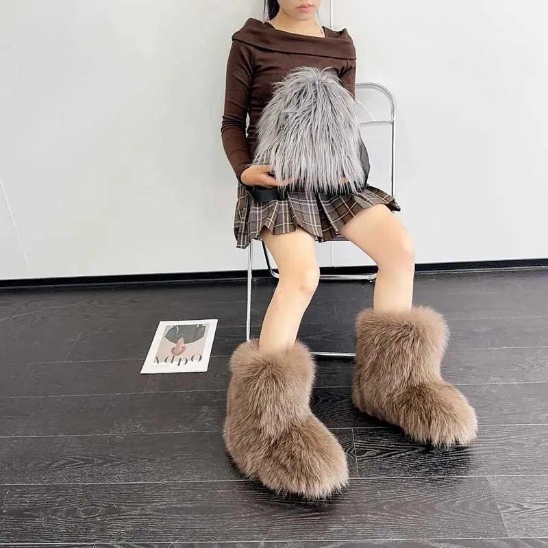 Luxury Warmful Womens Winter Snow Boots Outdoor Furry Real Fox Fur