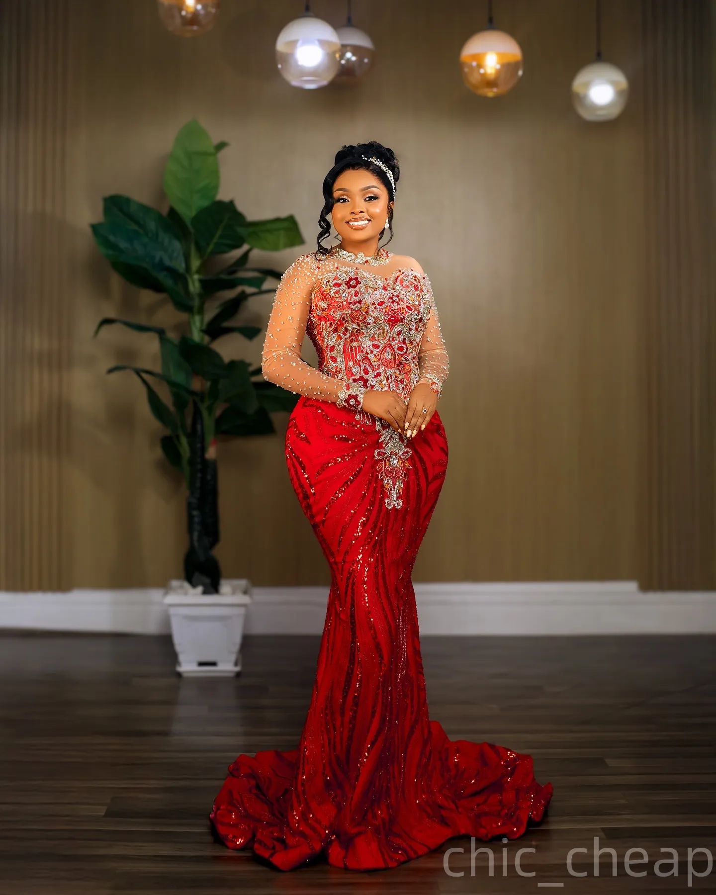 Red Satin Mermaid Dress 2025 Beaded Lace Long Sleeve Trumpet Sweep