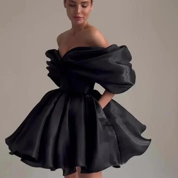 black puff sleeve homecoming dress Sparkly Puffy Long Sleeves Square Neckline Fitted Short Homecominig Dress ARD2650