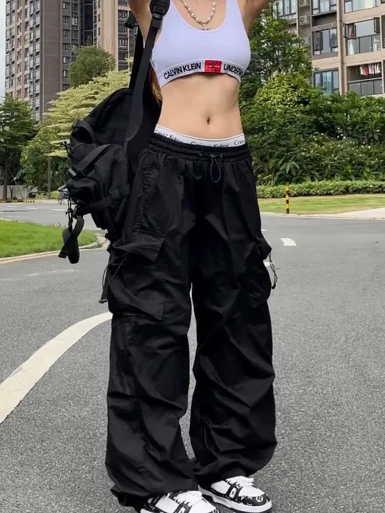 Hoodie dames kort met broek baggy cargobroek streetwear hiphop jogger joggingbroek trekkoord casual wijde broek dames cargo, zwart, L