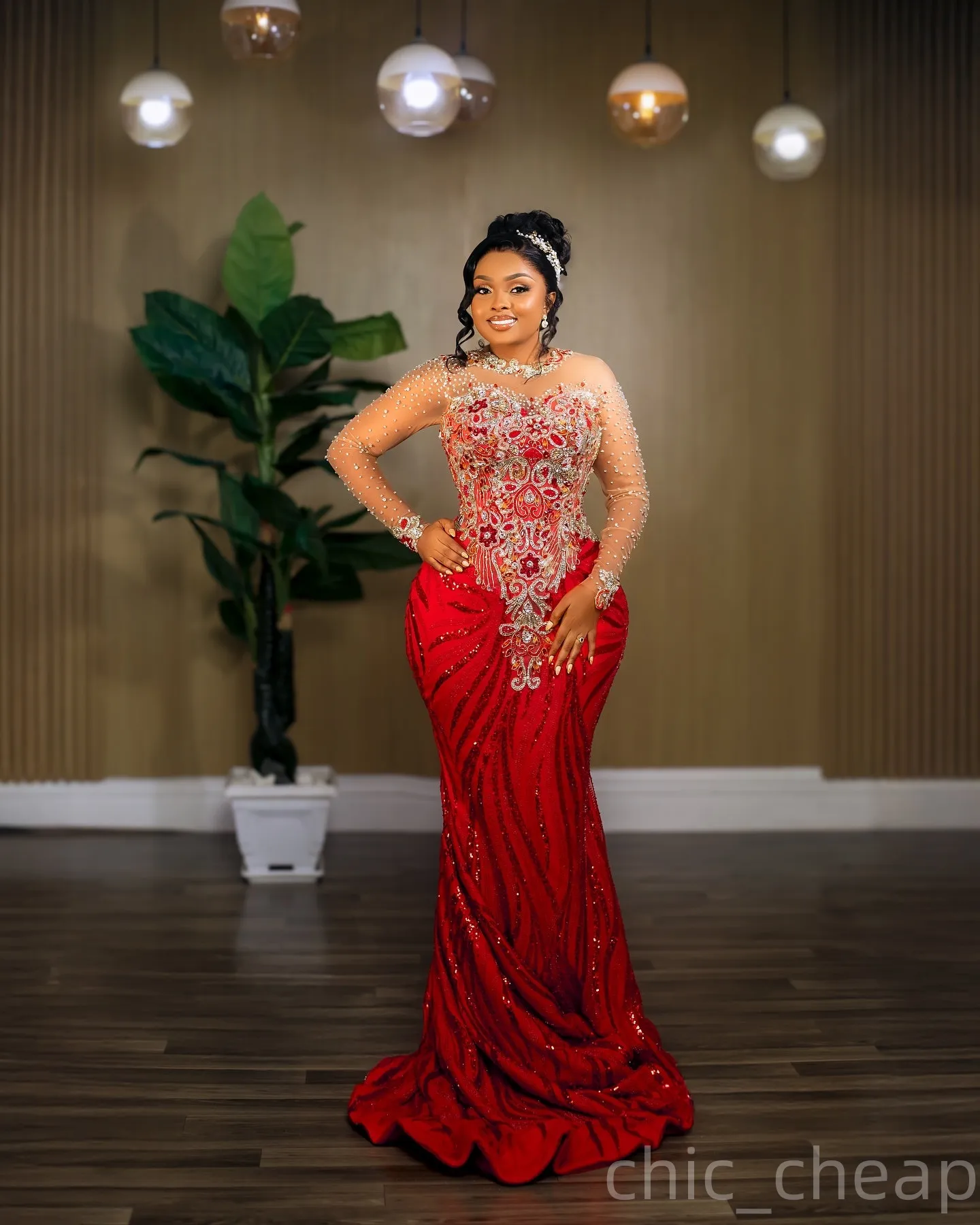 strapless open back dress Red Beaded Sparkly Tulle Long Sleeve Prom Dresses 2025 V-Neck Formal Gown 25064 Custom Colors / 26W main image 0