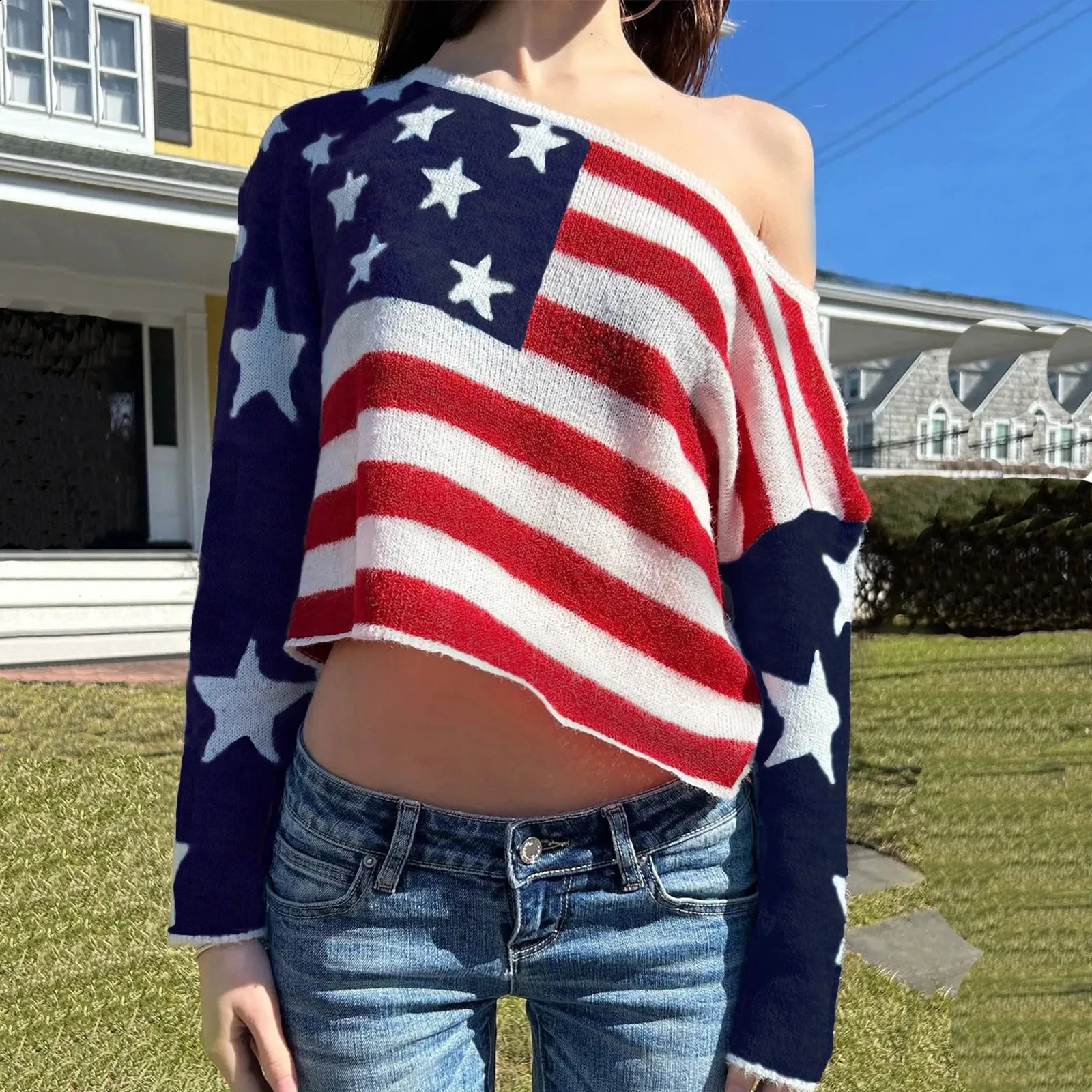 Pull The Classic Drapeau Américain – Rouge/blanc/bleu, Taille M, Tricot Léger