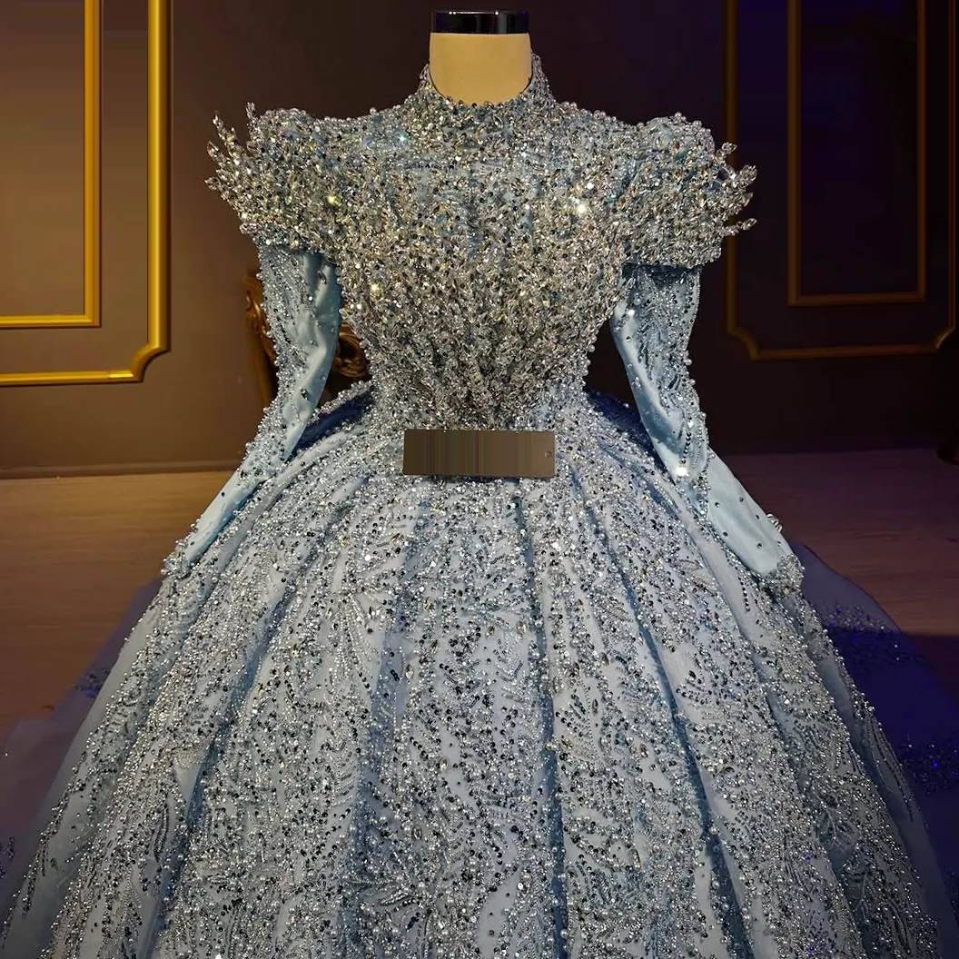 blue dress for engagement party Customizable Blue High Neck Ball Engagement High Neck wedding dress with Long Sleeves for Arabic Dubai Pageants and Evening Parties
