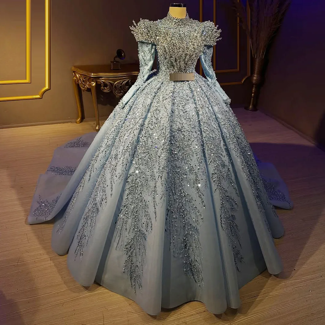 blue engagement party dress Customizable Blue High Neck Ball Engagement High Neck wedding dress with Long Sleeves for Arabic Dubai Pageants and Evening Parties