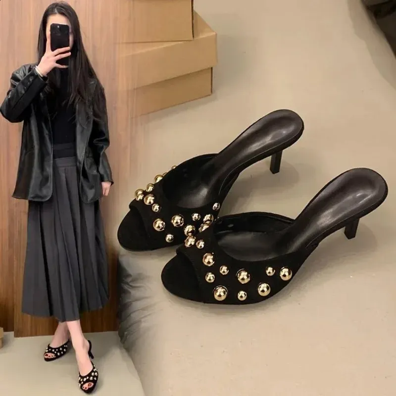 Studded Peep Toe Mules Stiletto Slip On Gold Rivets Decor Classic Sexy Women Summer Sandals Dress Party Daily Casual_voghion.com