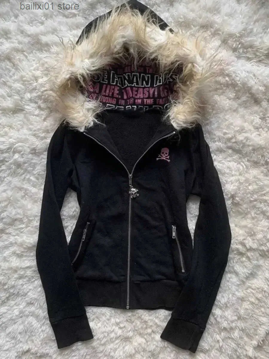 Y2k Siyah Kürk Yaka Fermuar Sweatshirt Kapüşonlu Yi TL165.52