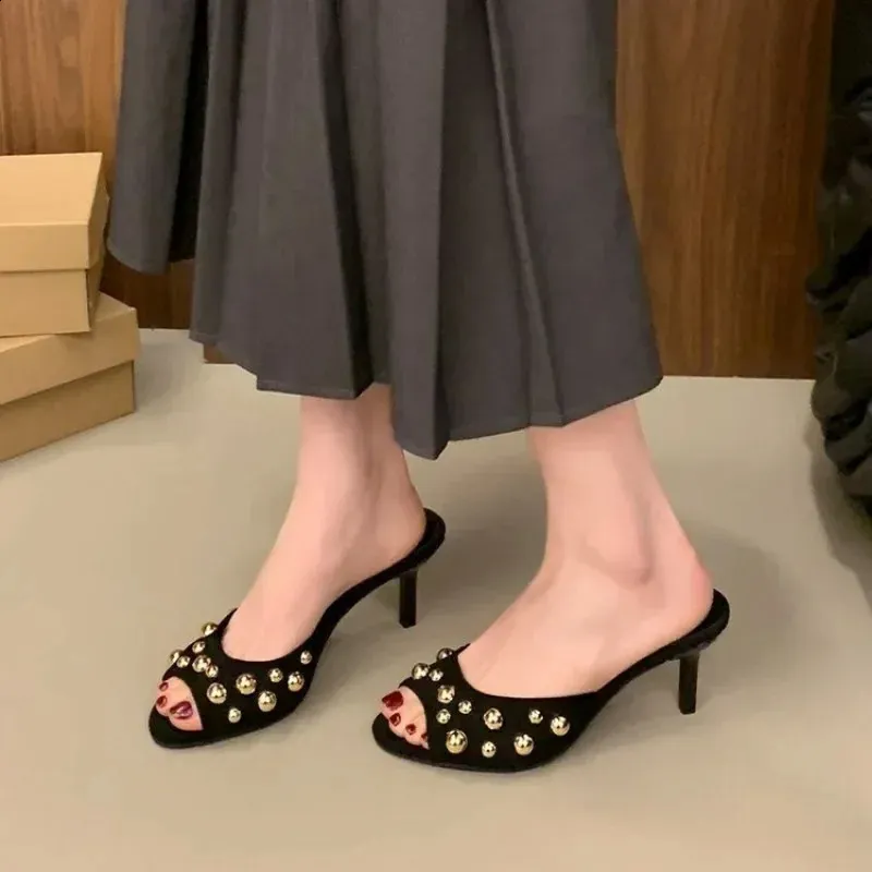 Studded Peep Toe Mules Stiletto Slip On Gold Rivets Decor Classic Sexy Women Summer Sandals Dress Party Daily Casual_voghion.com