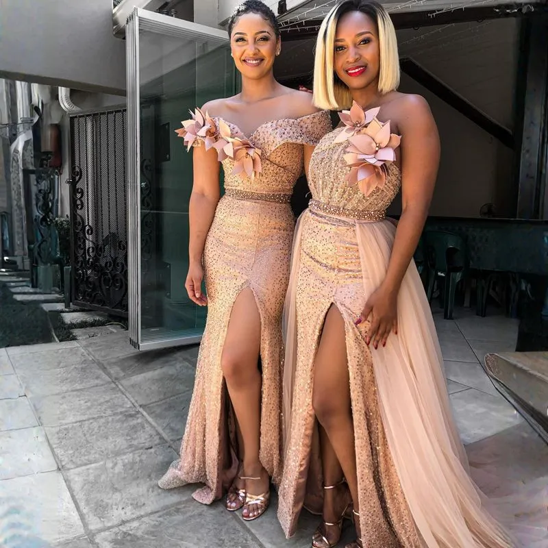 Vestidos De Dama De Honor De Sirena De Estilo Mixto Rosa Dorada De
