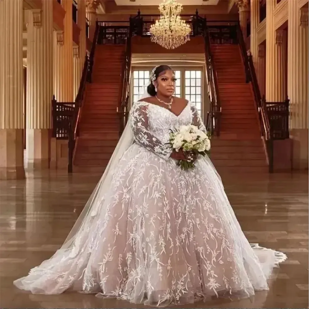 Champagne Plus Size rapunzel wedding dress with Long Sleeves, V-Neck, Beaded Lace Applique, Court Train, and Chic A-Line Beach Style
