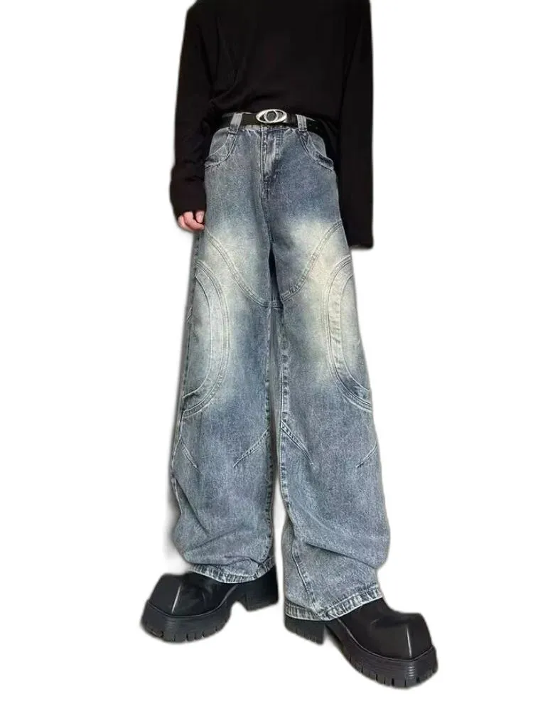 Jeans Maschile Trash Y2k Anni 2000 Patchwork Lavata Blu Pantaloni