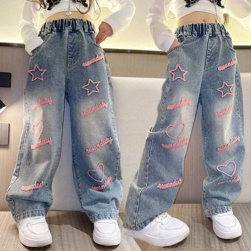 Korean Trousers Girls Wide Leg Jeans With Heart Star Design