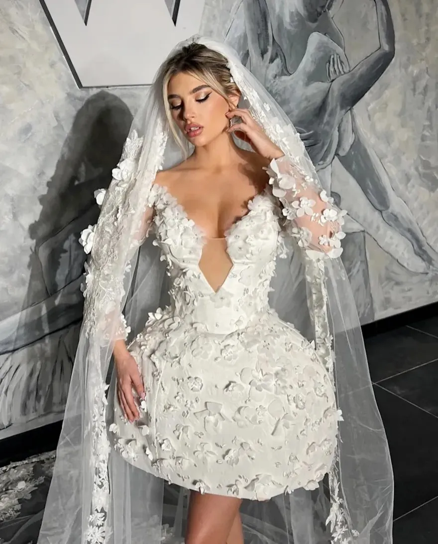 white christmas dresses Andrea & Leo WL025 A Line Short Feather Wedding Mini Dress – The Dress  Outlet main image 0