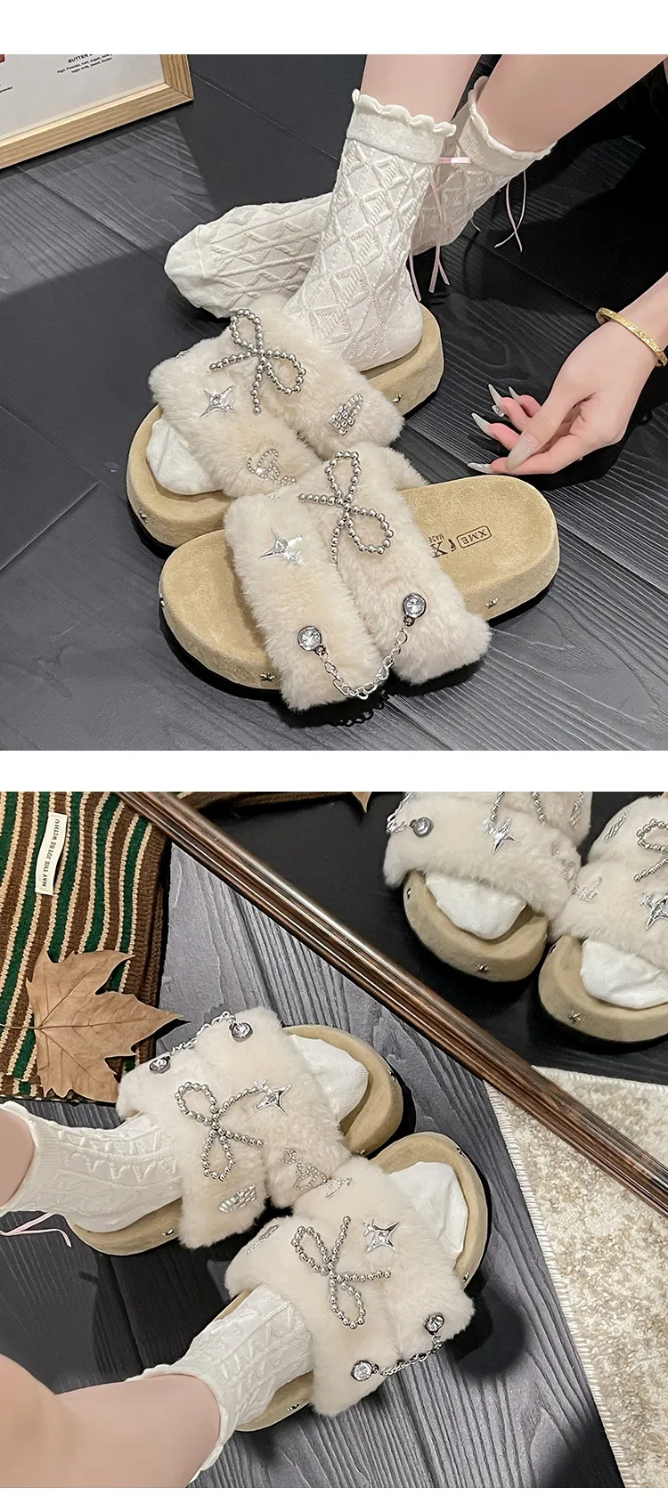 new Free Delivery Designer Women Cotton Mop Fashionable Woolen Slippers With Thick Soles Anti Slip Properties For Home_desvips.com