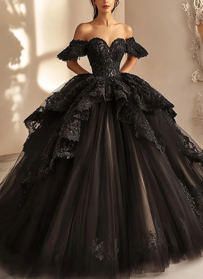 Gothic Black Wedding Dresses Off Shoulder Ruffled... From Dreamweddings ...