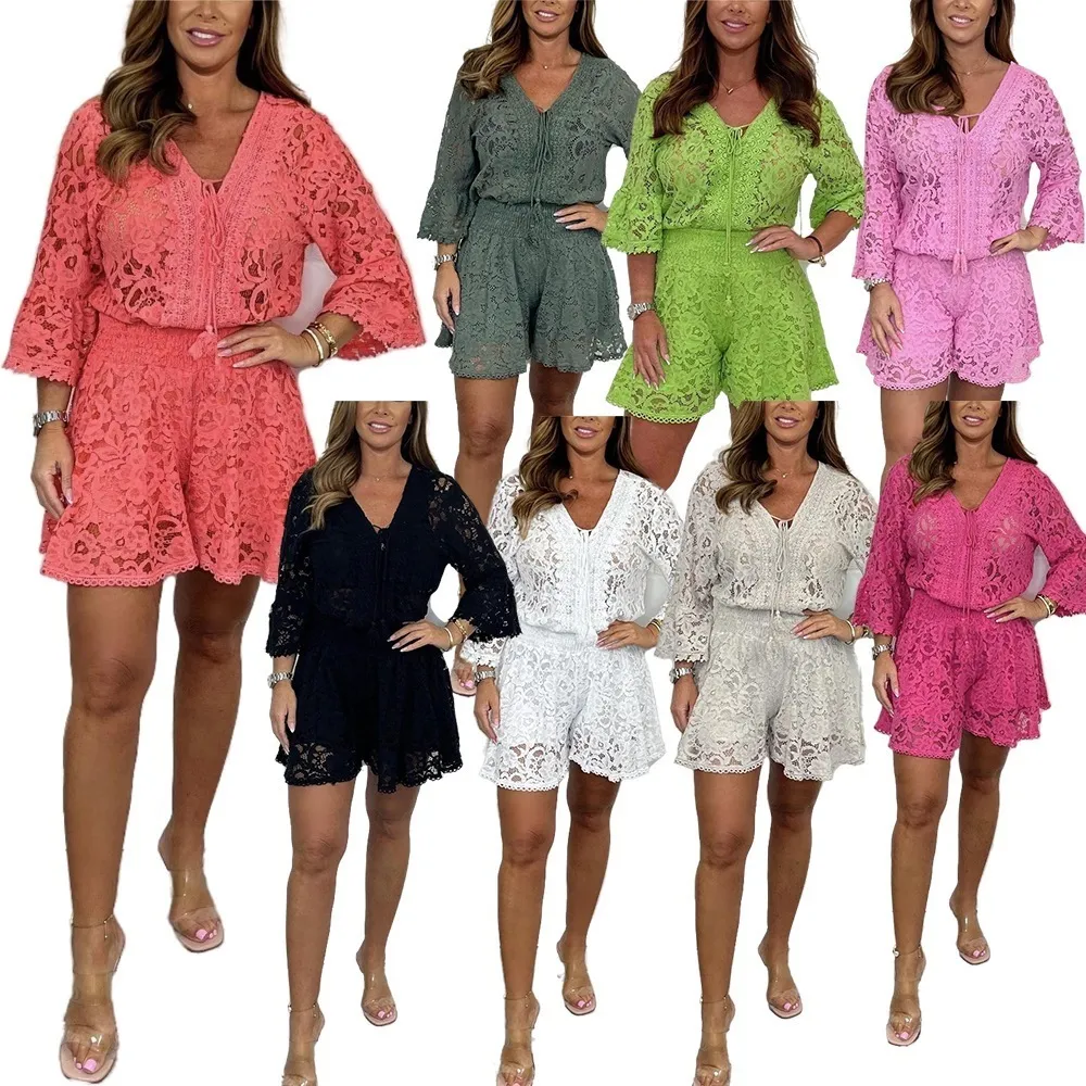 LACE TOP SET ROMPERS　Мsize Elegant White Lace Romper For Women Sheer Long Sleeve Wide