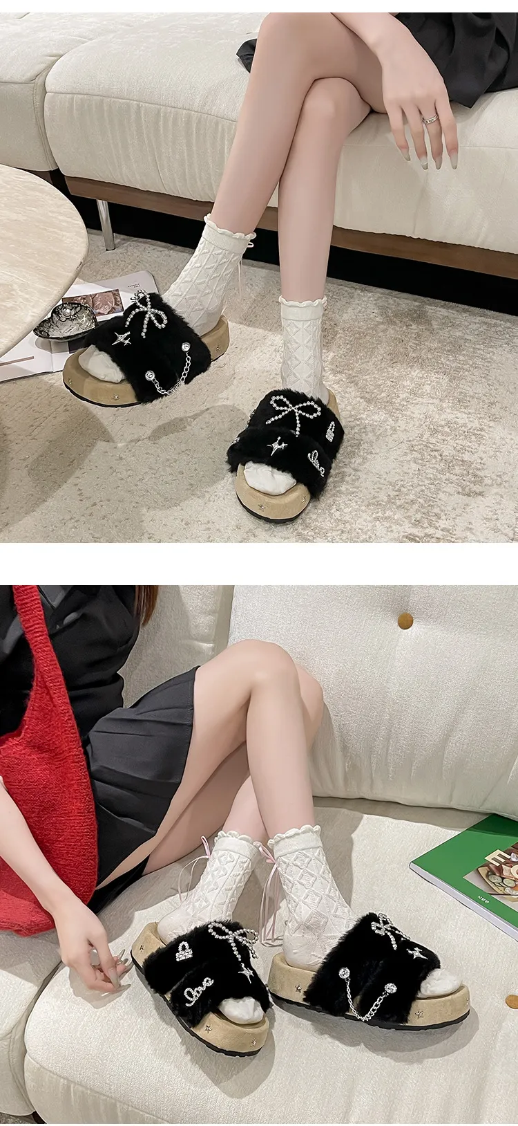 new Free Delivery Designer Women Cotton Mop Fashionable Woolen Slippers With Thick Soles Anti Slip Properties For Home_desvips.com