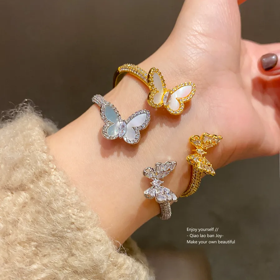 Gold Tone Double Butterfly Cuff Bracelet With Mother Of - Pearl Crystal Accents Elegant Daily Special Occasions Gift For_voghion.com