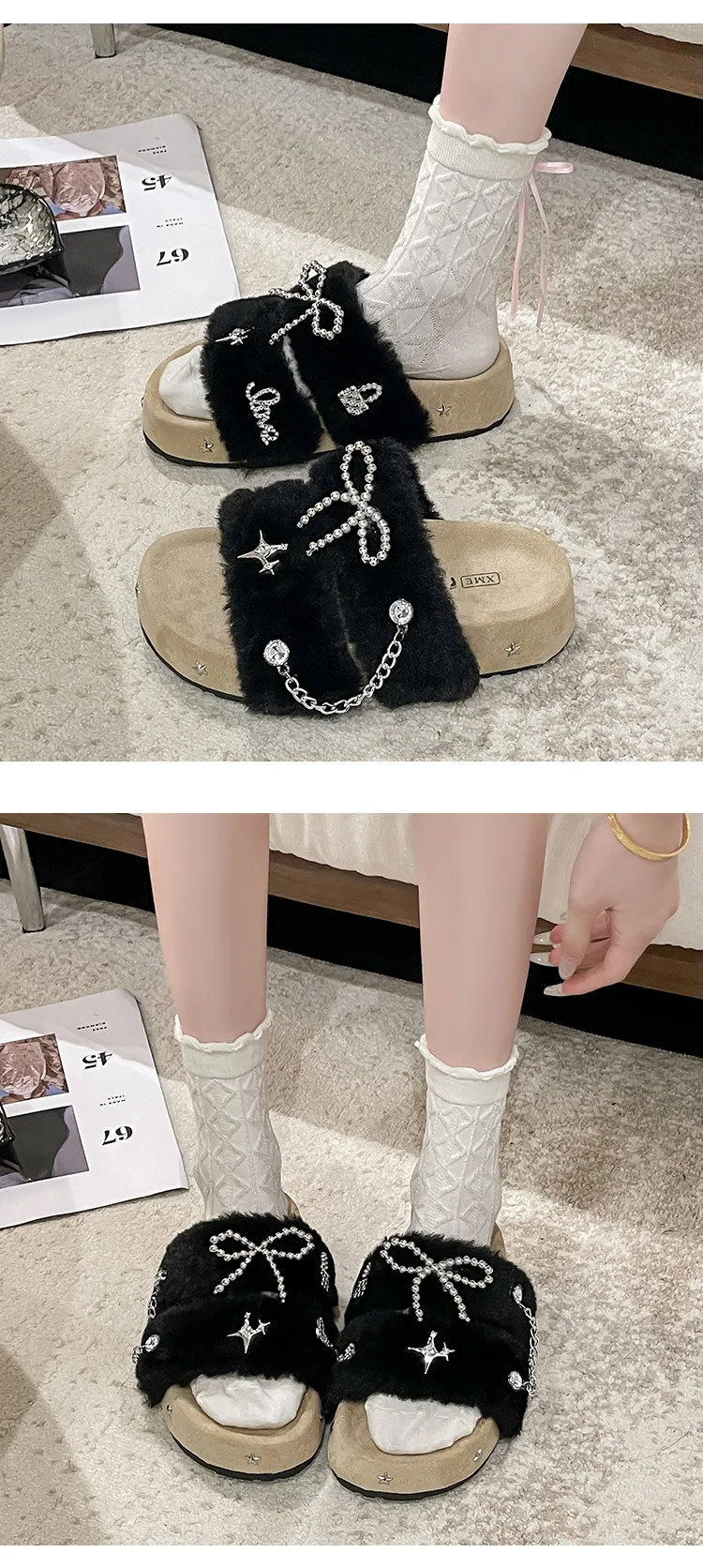 new Free Delivery Designer Women Cotton Mop Fashionable Woolen Slippers With Thick Soles Anti Slip Properties For Home_desvips.com