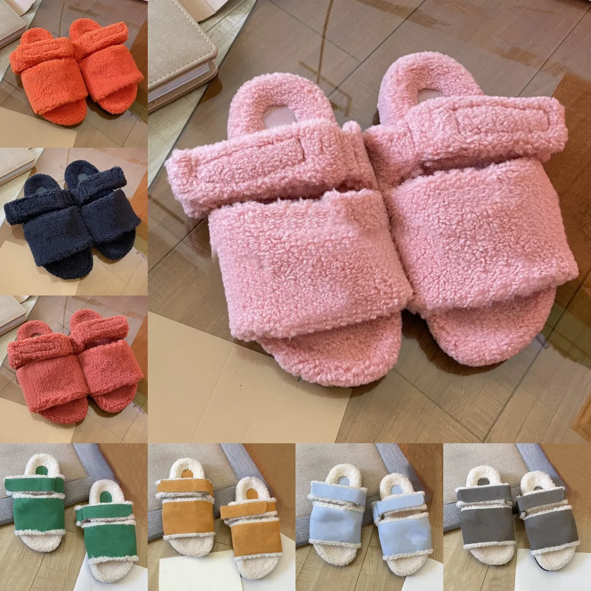 وفر الكثير عند شراء Furry Slippers Furry Slippers Women Luxury Designer  Sandals Flat Slider Fashion Wool Fur Fluffy Letters Flat Slides Black White 