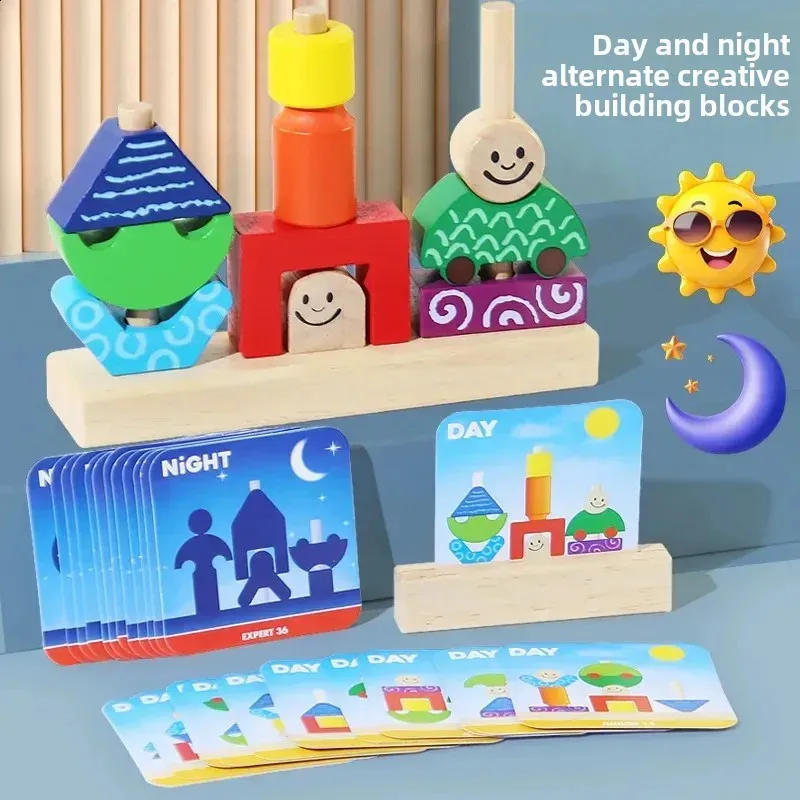 Wooden Puzzle Blocks Stacking Game Montessori Shape Matching Toy For ...