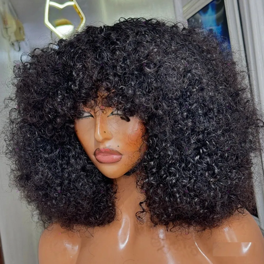 Curly 100% Human Hair Wig with Bangs 200 Density Glueless Adjustable Cap Long Amazon.com : Jerry Curly Human Hair Wigs With Bangs 200  main image 4