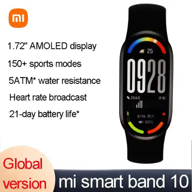 Global Version Xiaomi Smart Band 10 1.72" AMOLED Display 150+ Sports Modes Heart Rate Broadcast 5ATM Waterproof Sports Bracelet