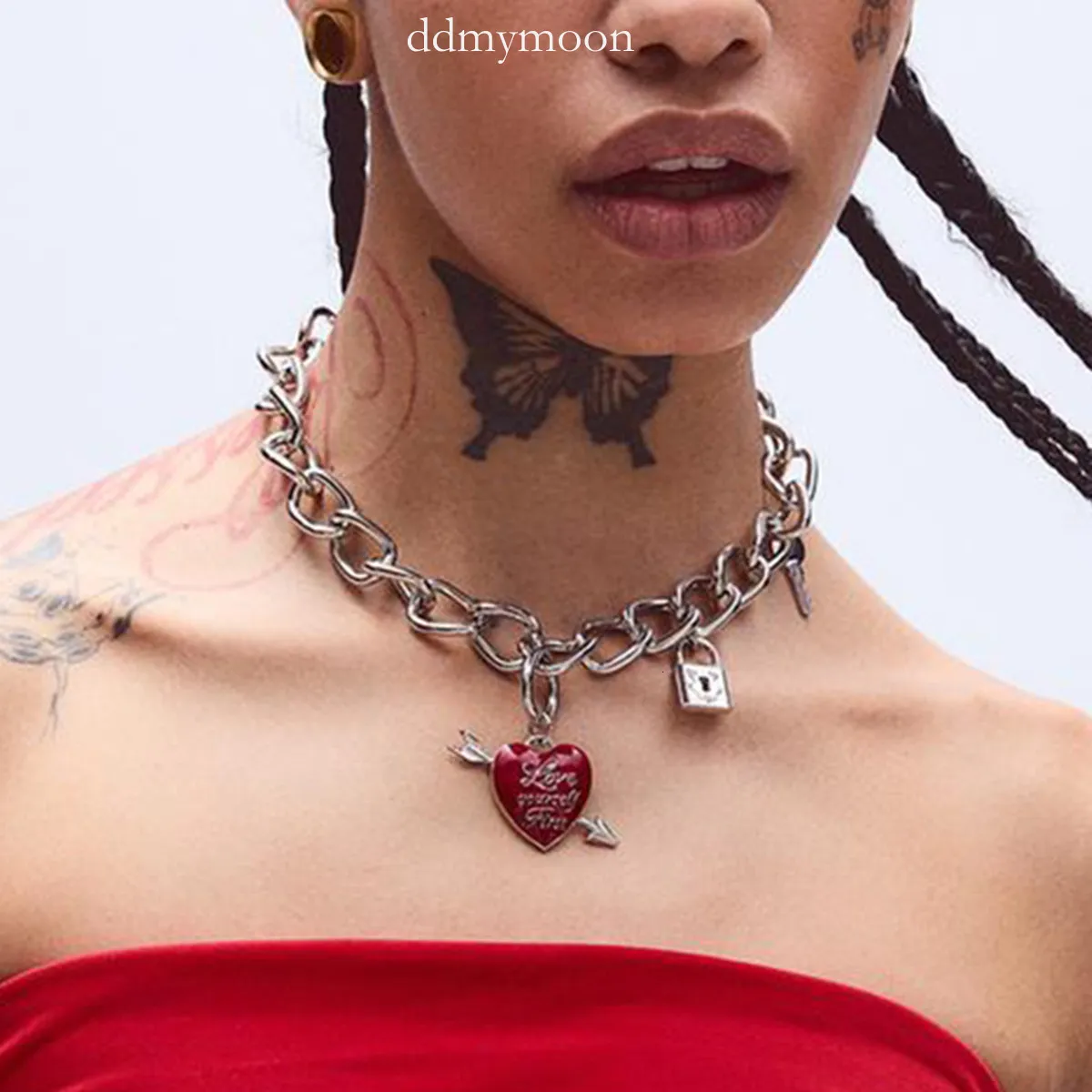 Collana Lucchetto E Catena A Blocchi Unisex | Gioielli Punk In Alluminio, Regalo Uomo Donna - 3