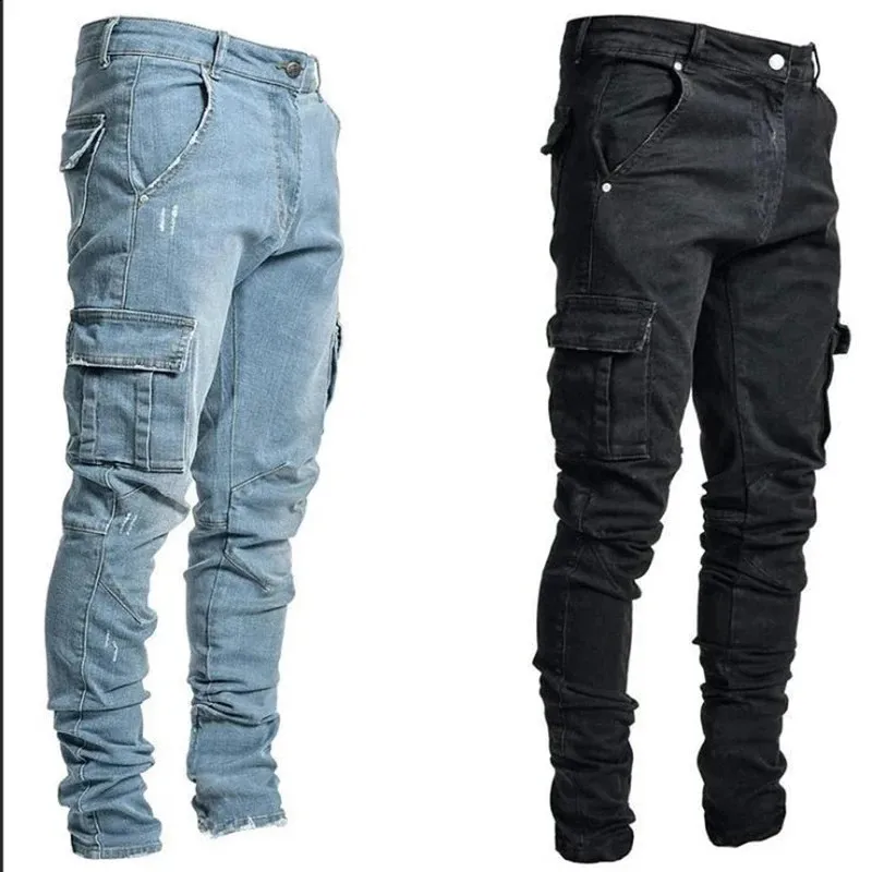 Mens High Strt Slim Fit Stretch Jeans Fashion Multi Pocket Cargo Denim ...