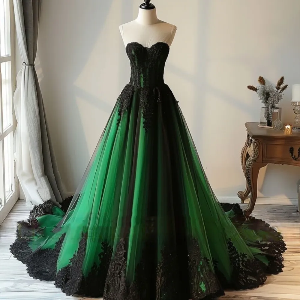 black and emerald green wedding dress COCOMELODY Dark Romance Endless Charm Sequined Tulle Black Wedding Dress  CW3352 main image 1