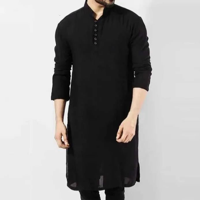 Long Sleeve Islamic Chemise Abaya Dress for Men - Elegant Kaftan Robe for Pakistani and Eid Linen Clothing in S-5xl Sizes