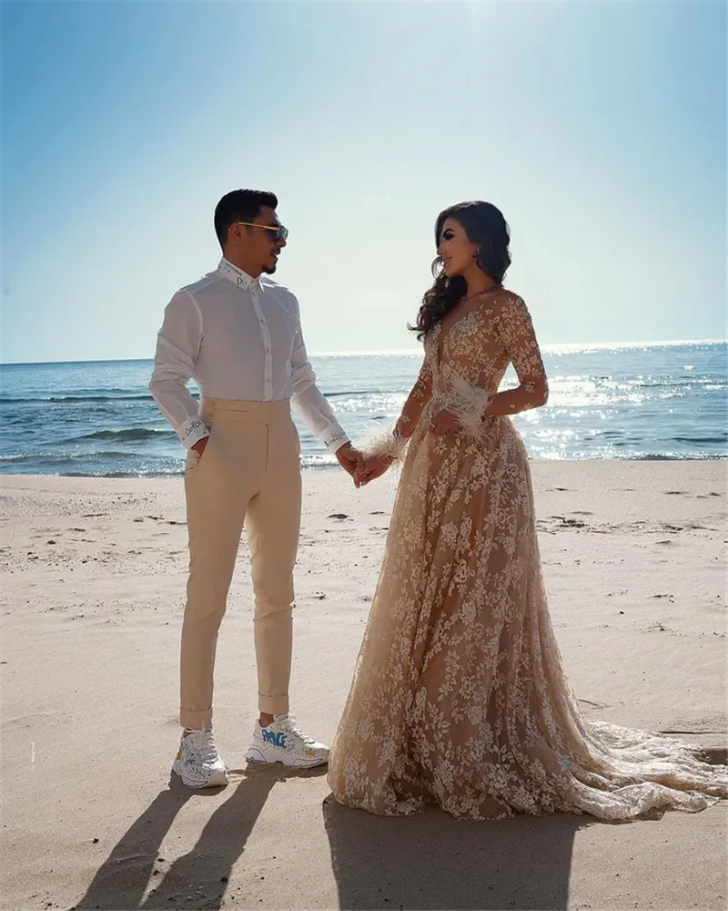 modest champagne wedding dresses Champagne Wedding Dress with Sleeves - Sparkling Nude A-line with Floral Appliqus and Elegant Bows
