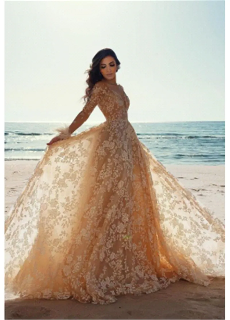 modest champagne wedding dresses A Line V Neck Light Champagne Appliques Modest Wedding Dresses -