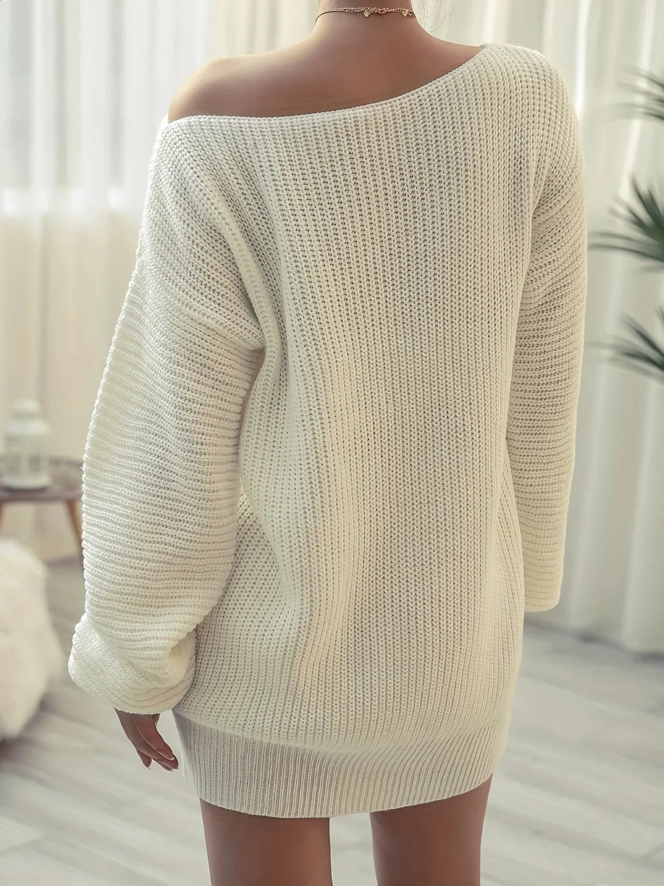 open lace back dress Wide Rib Knit Dress in Beige main image 1