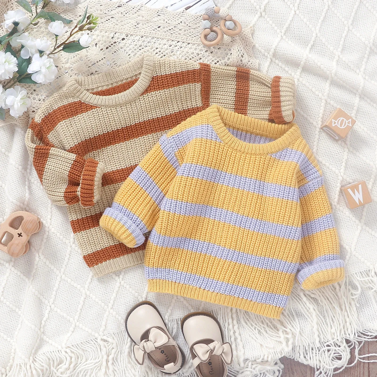 Babyhug Knitted Full Sleeves Pullover Sweater with Stripes Design - Maroon main image 1