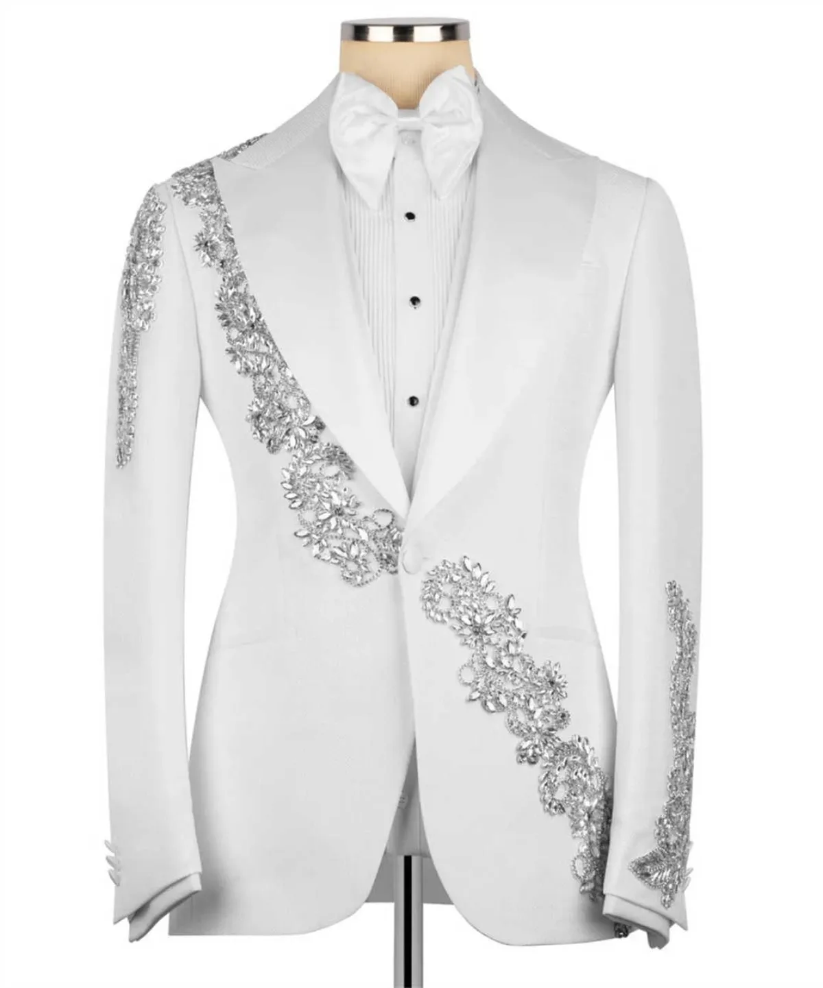 Rhinestones Custom Men’s Tuxedo – Single‑Breasted Peak Lapel Suit, Wedding & Prom, Lowest Price