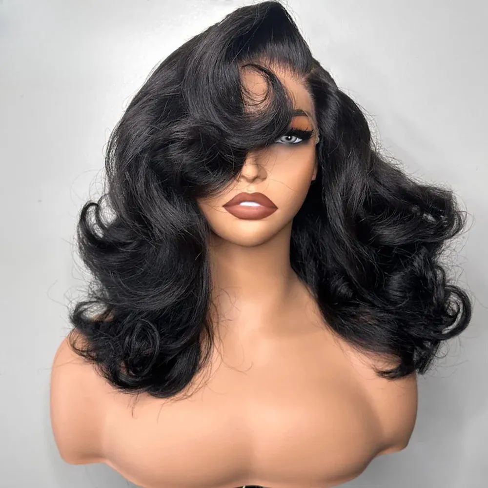 180 Density HD Lace Front Wig 100% Brazilian Human Hair Short Bob Wavy Layered Bob Wig Body Wave Lace Front Human Hair Wigs for Women Pre  main image 3