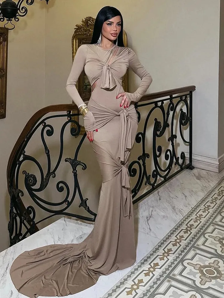 Nibber Hollow Maxi Dress Women Lace-Up Tassels o-Neck Long Sleeves Large Hem Skinny Elasticity Solid Elegant Banquet Vestidos 250822 Nibber Hollow Maxi Dress Women Lace-Up Tassels o-Neck Long Sleeves Large Hem Skinny Elasticity Solid Elegant Banquet Vestidos 250822
