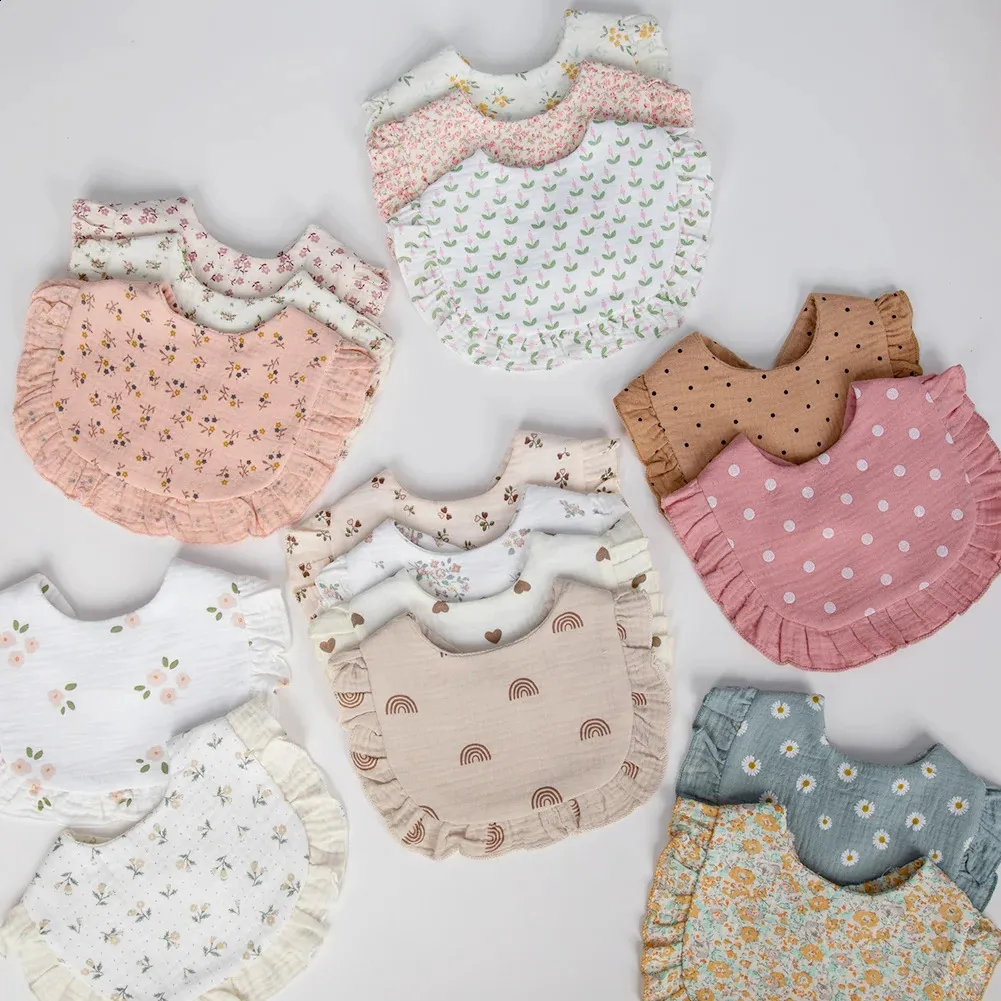 Muslin Ruffled Bibs Flower Print Baby Bibs: Adjustable Snap Saliva Towel with Ruffled Edge ...