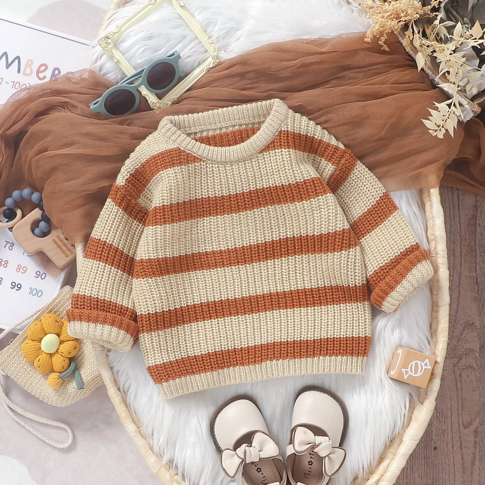 Babyhug Knitted Full Sleeves Pullover Sweater with Stripes Design - Maroon main image 0