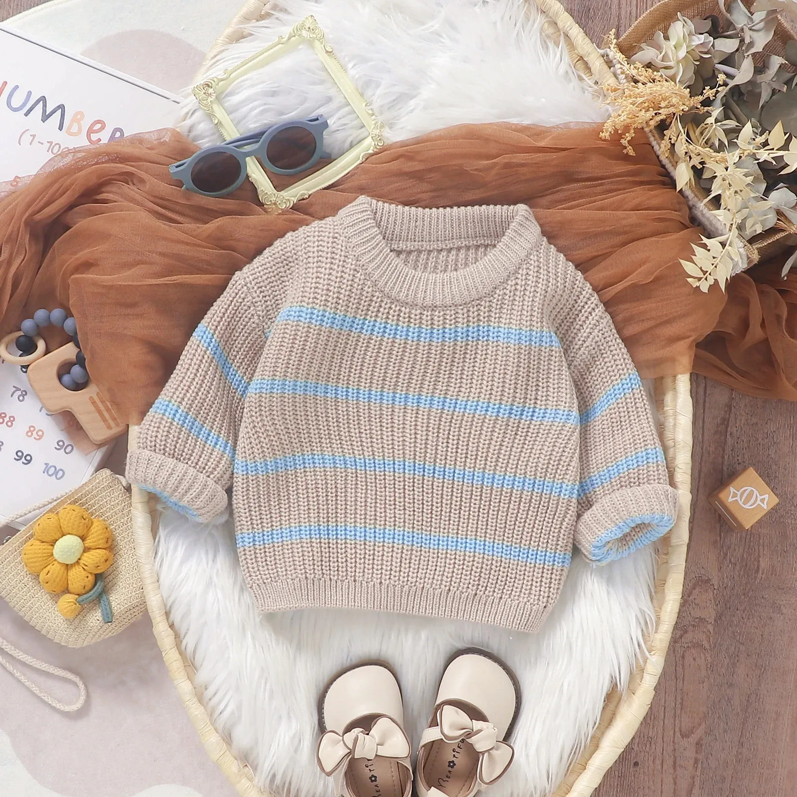 Babyhug Knitted Full Sleeves Pullover Light Weight  Sweater with Striped Design - Grey & Navy Blue main image 0