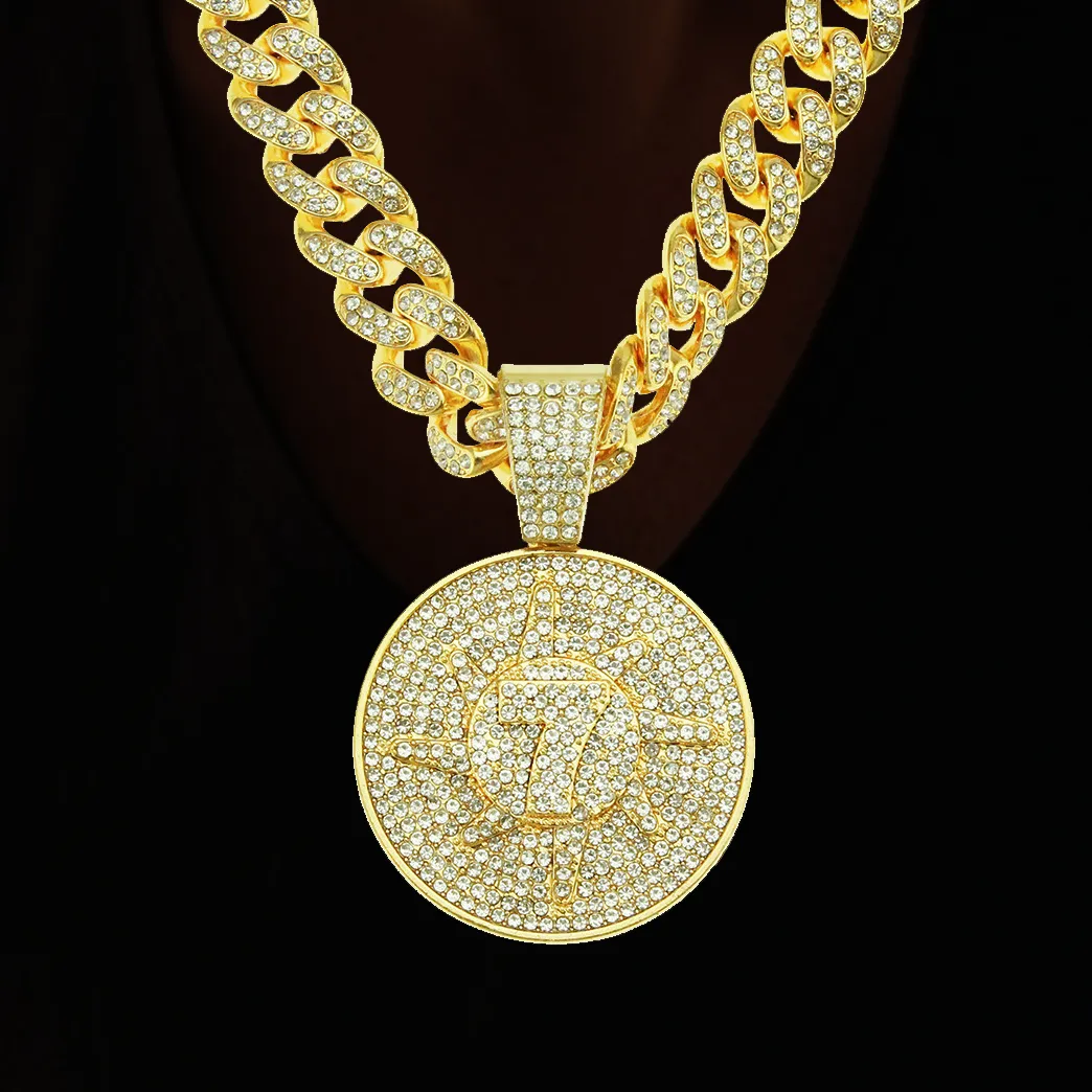 Rapper Pendant Numbers Rapper Lucky Number 7 Round Medal Pendant Gold Necklace For Men With ...