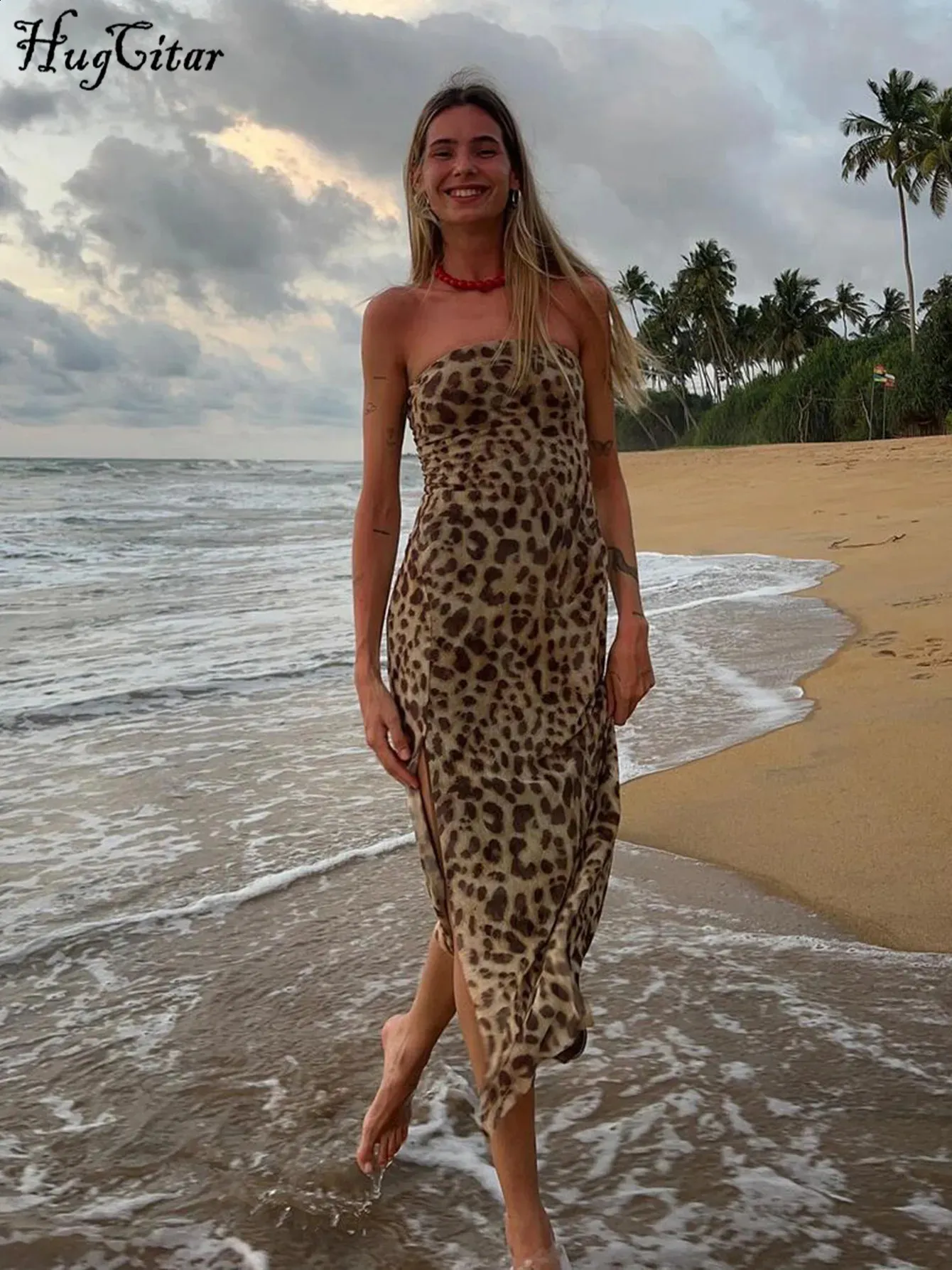 Leopard Print Hugcitar Dress Hugcitar Women Fashion Leopard Print Strapless Slit Sexy Bodycon Midi Dress Summer
