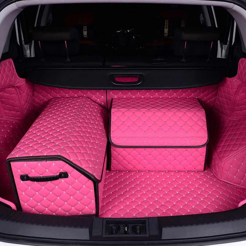 Pink Female Car Trunk Organizer – Foldable PU Leather Storage Box with Heart Embroidery, 51% Off