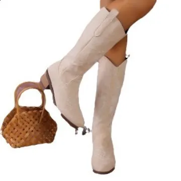 Spring And Autumn Coarse Heel V Neck Slim Travel Tall Over Knee Embroidered Western Cowboy Boots 250821_voghion.com