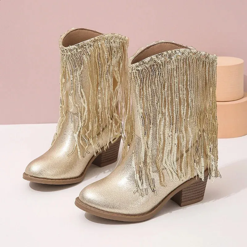 Gold Sequin Fringe Cowboy Boots Girls Autumn Knee High Western Booties Kid  Premium Quality Heeled Point Toe Slip-on Botas 250823