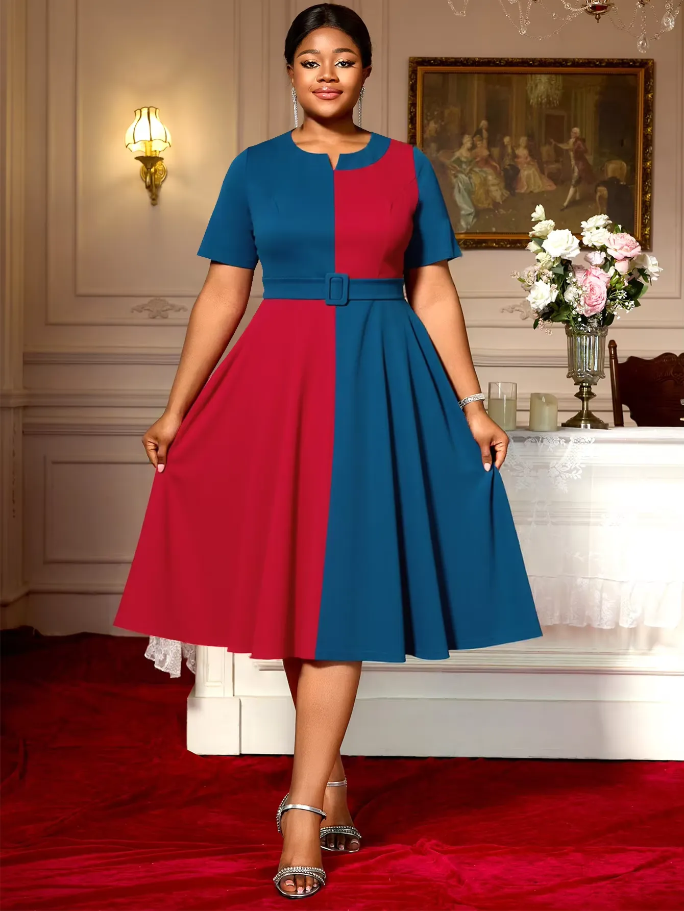 mid size formal dresses Elegant Plus Women's A-Line Mid-Calf Dress with Belted Waist and Short Sleeves 0XL-4XL from Dhgate Plus size sexy wedding party dress