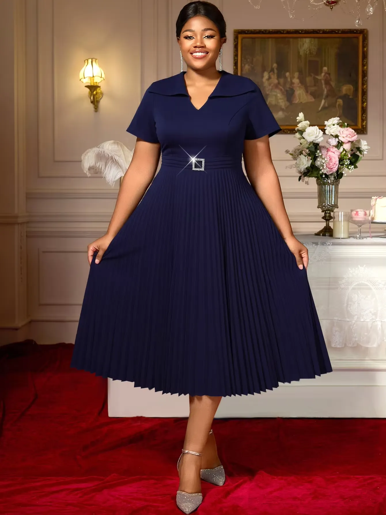 navy dress womens casual Elegant Formal Women's Casual Navy Plus Size Pleated Belted High Waist  A-Line V Neck Short Sleeve Midi Dress from Dhgate Plus size Dresses