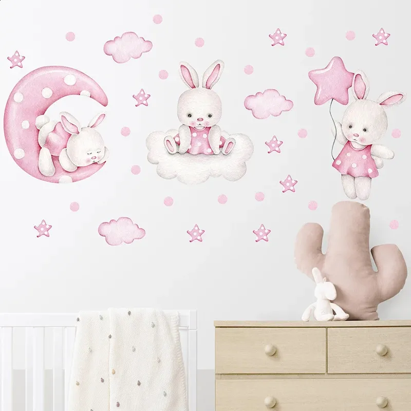 Cute Bunny Wallpaper Soft Pink Moon & Stars Night Sky Wall Stickers For ...