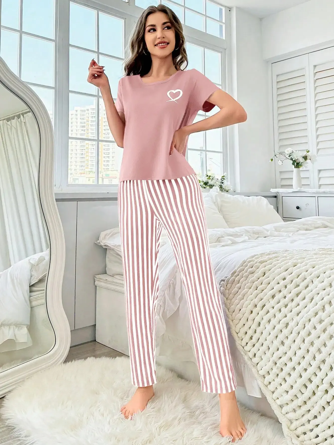 Womens two-piece acrylic knit pajamas set with short sleeve striped ...